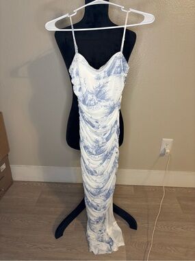 privy Blue and White Toile Ruched Slip Maxi Dress Size Small